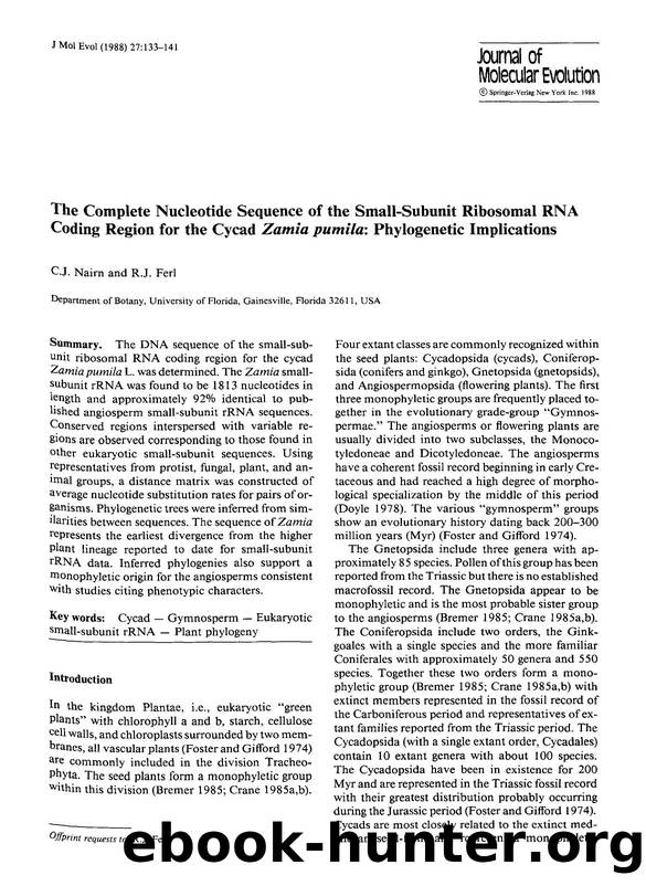 The complete nucleotide sequence of the small-subunit ribosomal RNA coding region for the cycad <Emphasis Type="Italic">Zamia pumila <Emphasis>: Phylogenetic implications by Unknown