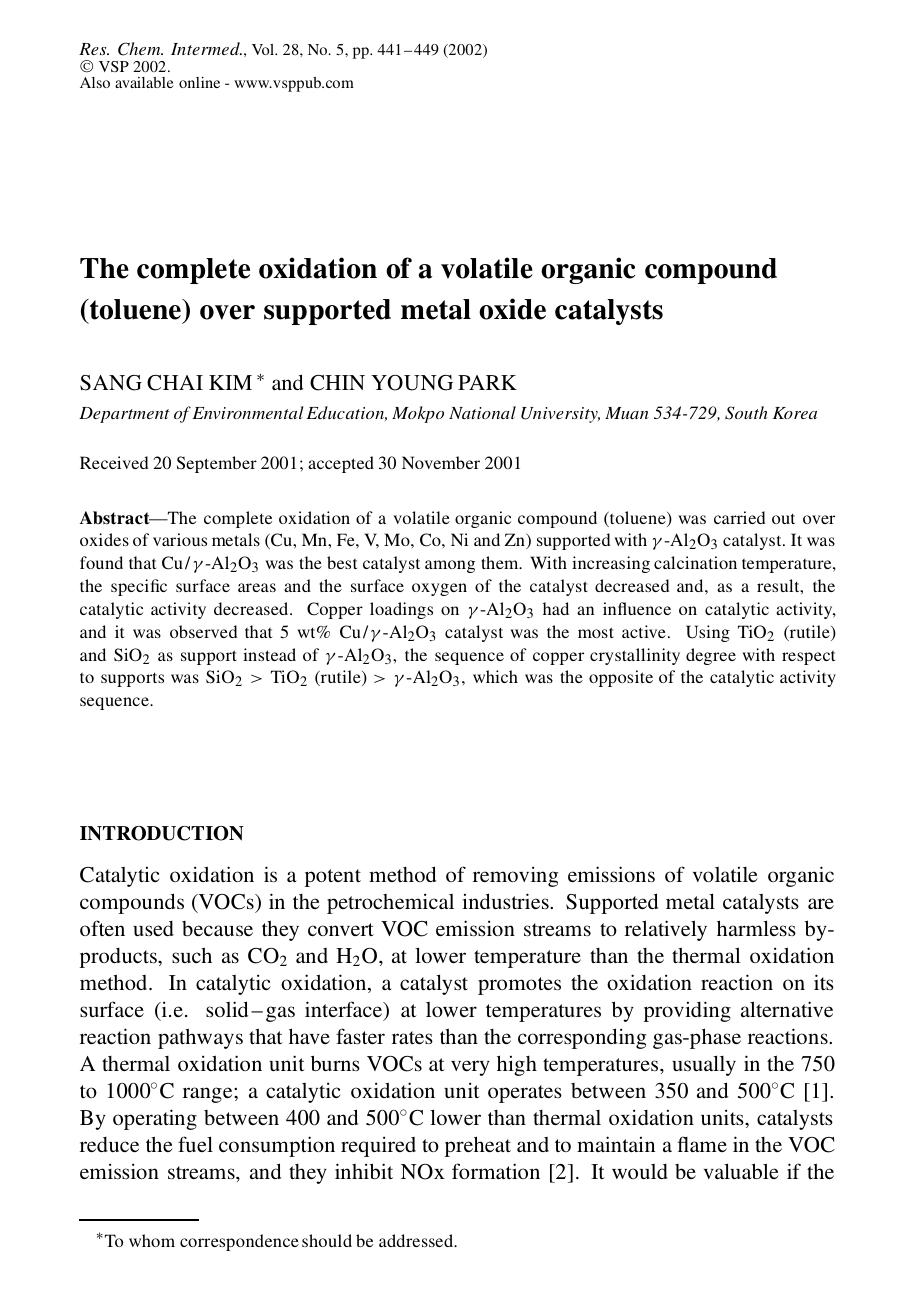 The complete oxidation of a volatile organic compound (toluene) over supported metal oxide catalysts by Unknown