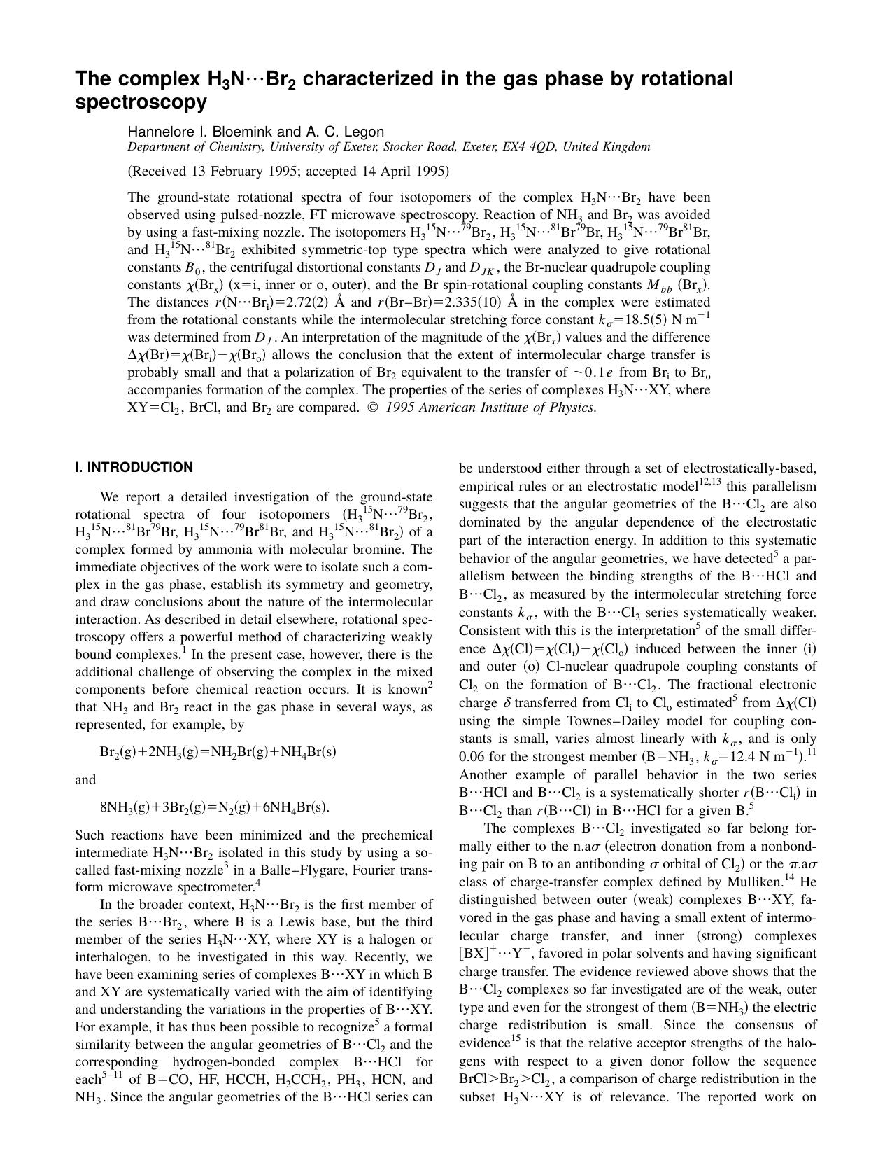 The complex H 3 N Br 2 characterized in the gas phase by rotational spectroscopy by Hannelore I. Bloemink & A. C. Legon