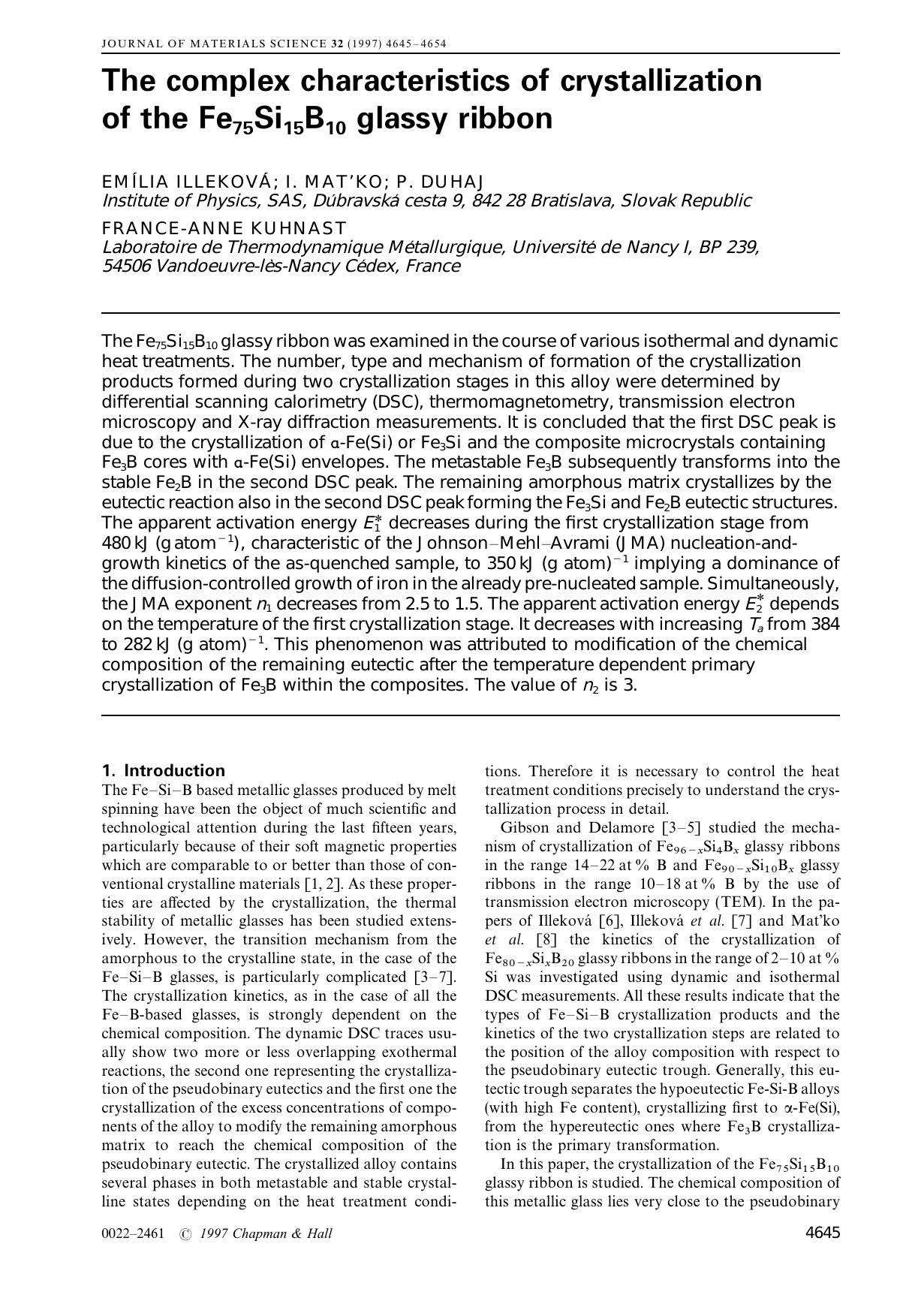 The complex characteristics of crystallization of the Fe75Si15B10 glassy ribbon by Unknown