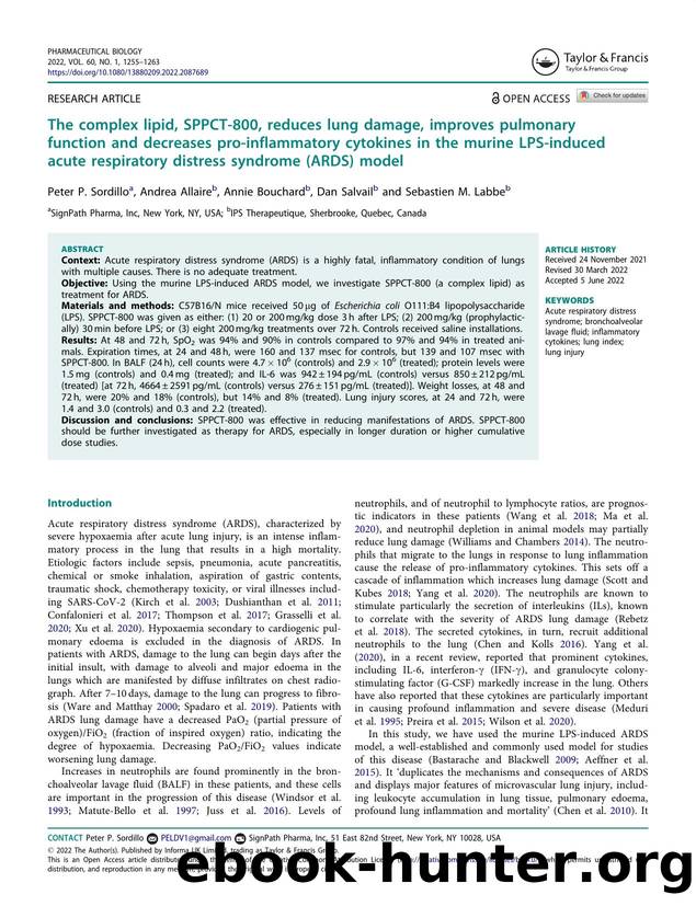 The complex lipid, SPPCT-800, reduces lung damage, improves pulmonary function and decreases pro-inflammatory cytokines in the murine LPS-induced acute respiratory distress syndrome (ARDS) model by Sordillo Peter P. & Allaire Andrea & Bouchard Annie & Salvail Dan & Labbe Sebastien M