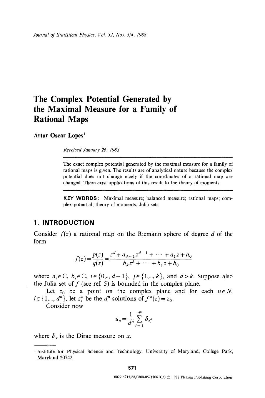 The complex potential generated by the maximal measure for a family of rational maps by Unknown