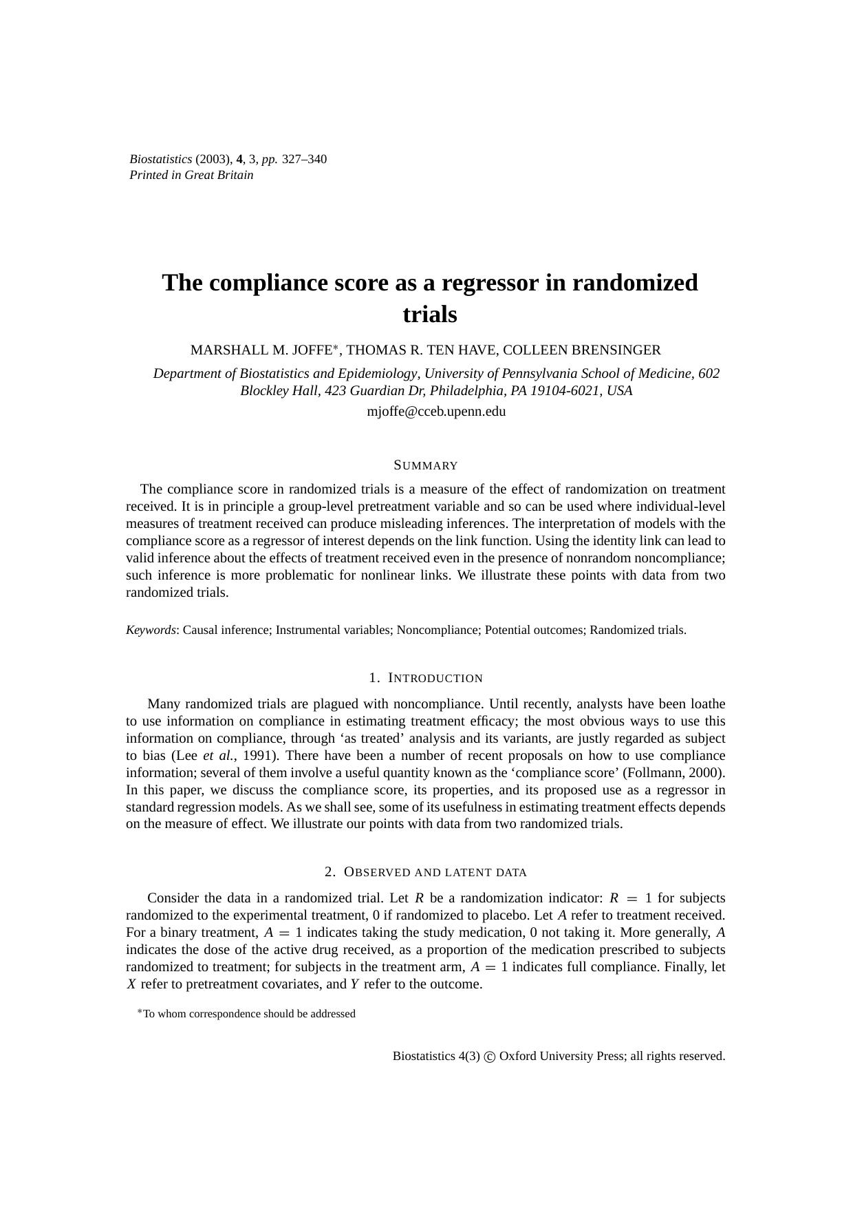 The compliance score as a regressor in randomized trials by Joffe M. M