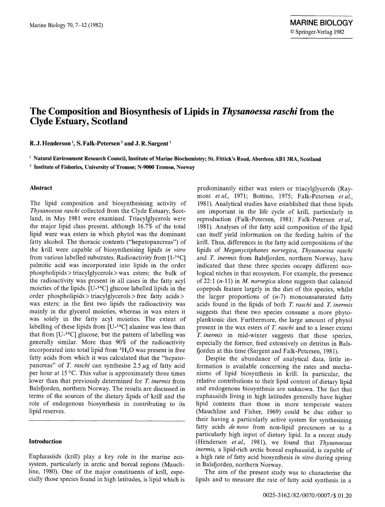 The composition and biosynthesis of lipids in <Emphasis Type="Italic">Thysanoessa raschi<Emphasis> from the Clyde Estuary, Scotland by Unknown