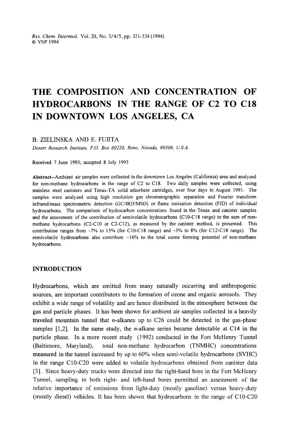 The composition and concentration of hydrocarbons in the range of C2 to C18 in downtown Los Angeles, CA by Unknown