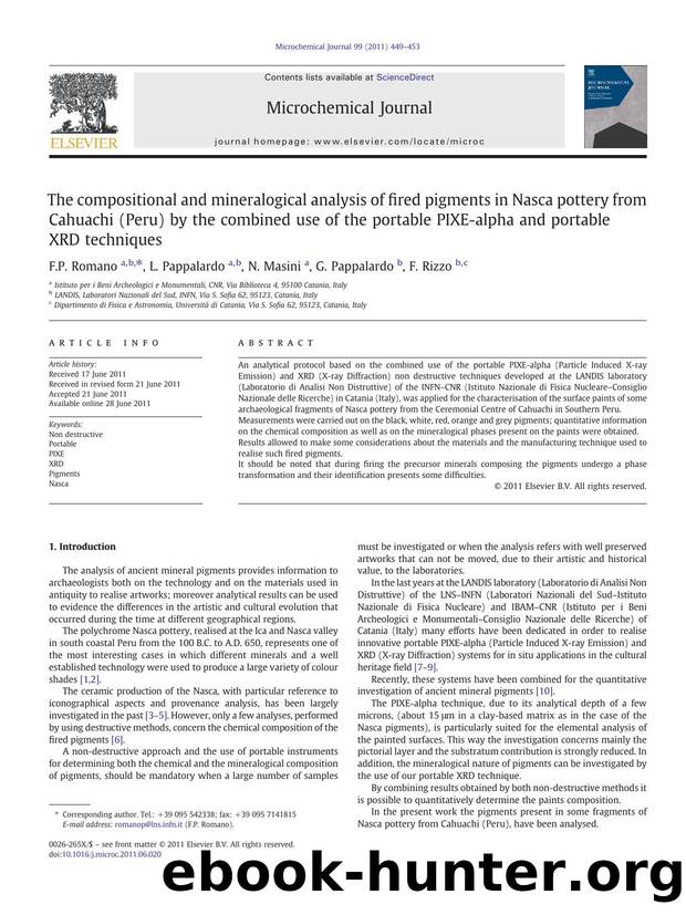 The compositional and mineralogical analysis of fired pigments in Nasca pottery from Cahuachi (Peru) by the combined use of the portable PIXE-alpha and portable XRD techniques by F.P. Romano & L. Pappalardo & N. Masini & G. Pappalardo & F. Rizzo