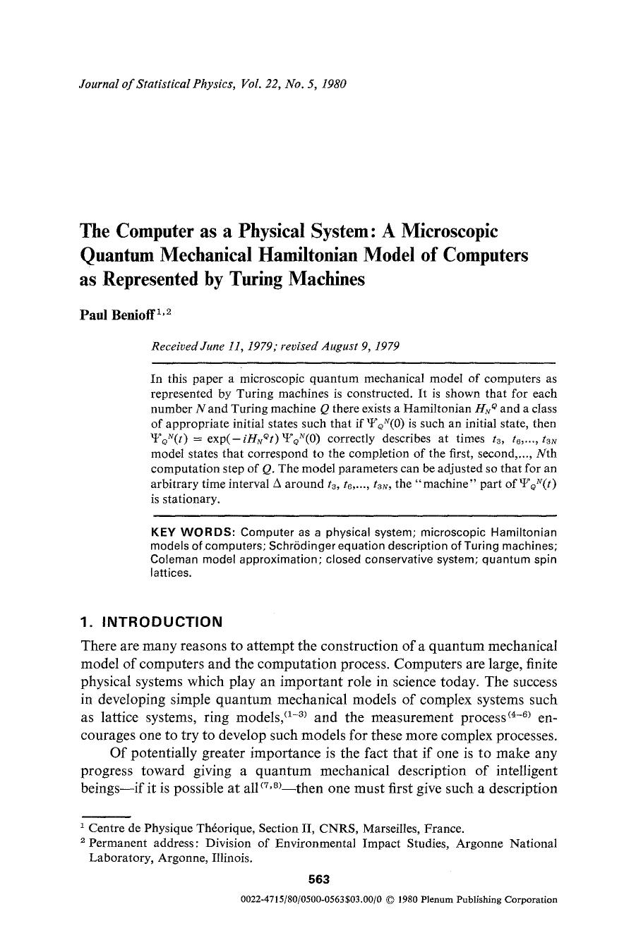 The computer as a physical system: A microscopic quantum mechanical Hamiltonian model of computers as represented by Turing machines by Unknown