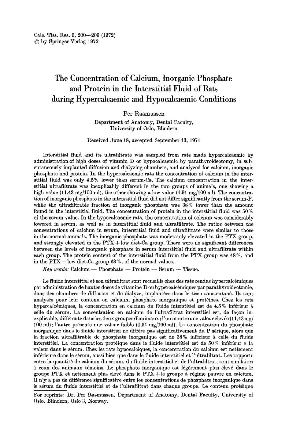 The concentration of calcium, inorganic phosphate and protein in the interstitial fluid of rats during hypercalcaemic and hypocalcaemic conditions by Unknown