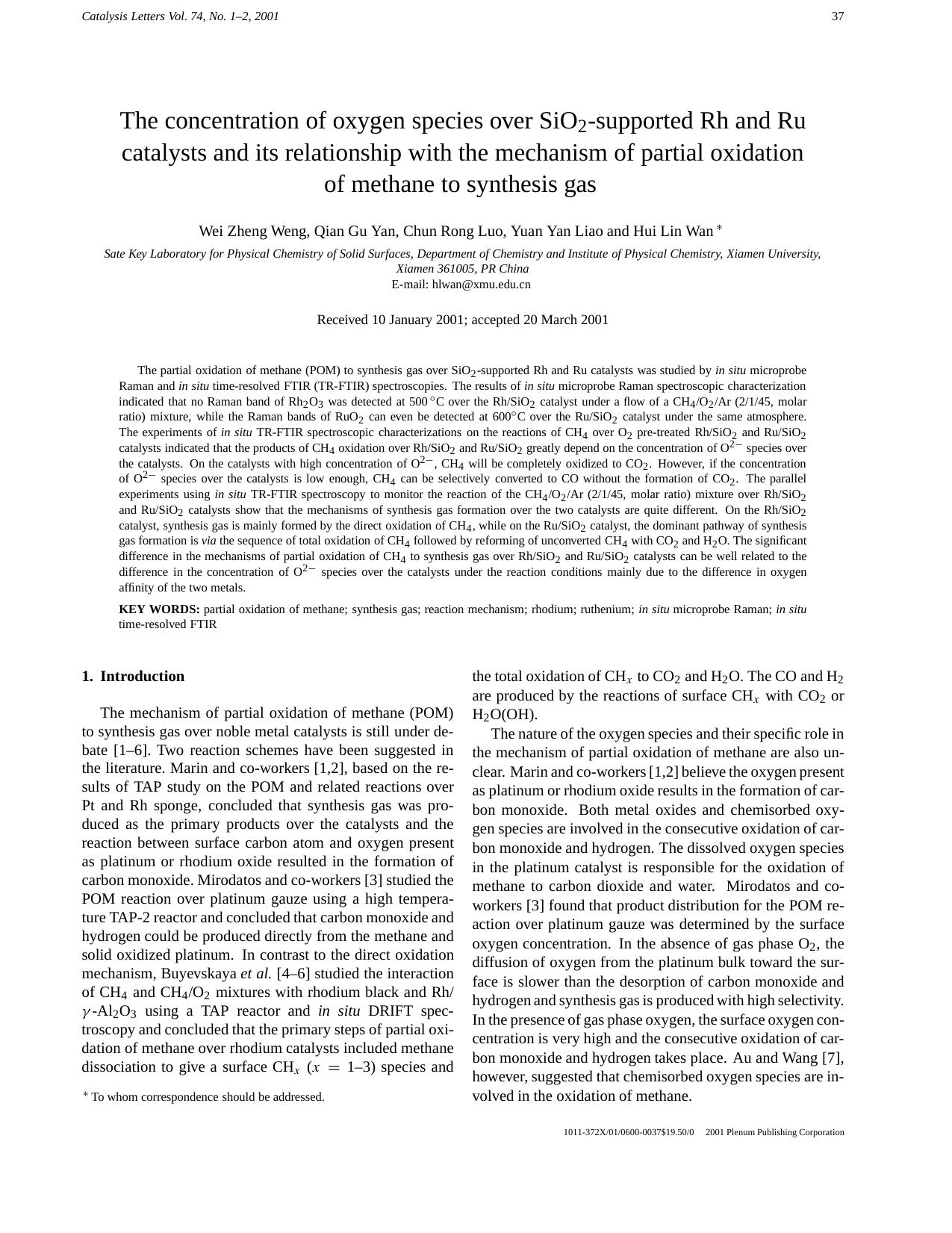 The concentration of oxygen species over SiO2-supported Rh and Ru catalysts and its relationship with the mechanism of partial oxidation of methane to synthesis gas by Unknown