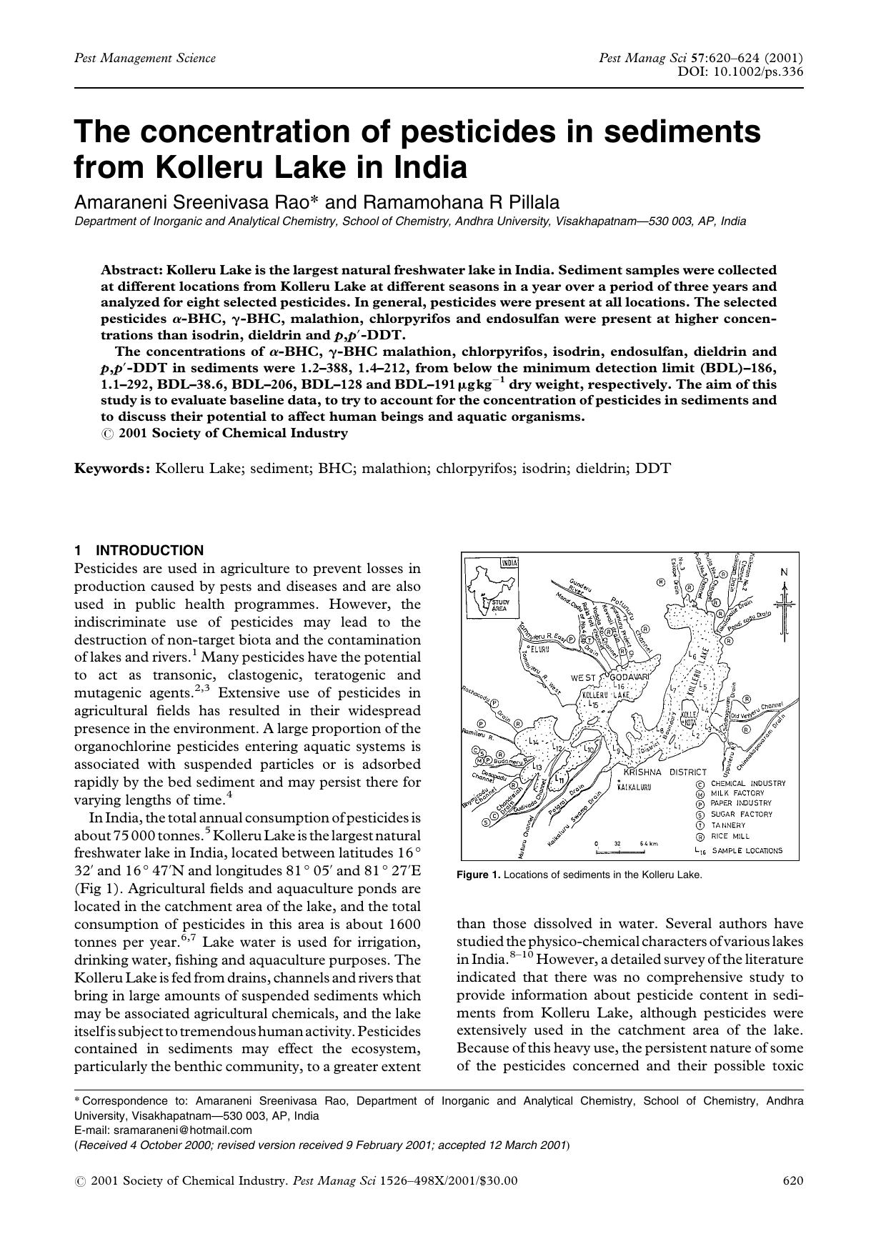 The concentration of pesticides in sediments from Kolleru Lake in India by Unknown