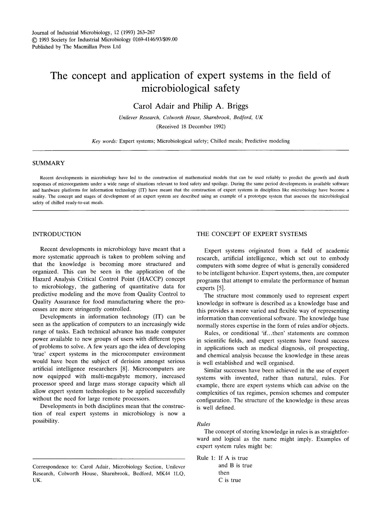 The concept and application of expert systems in the field of microbiological safety by Unknown