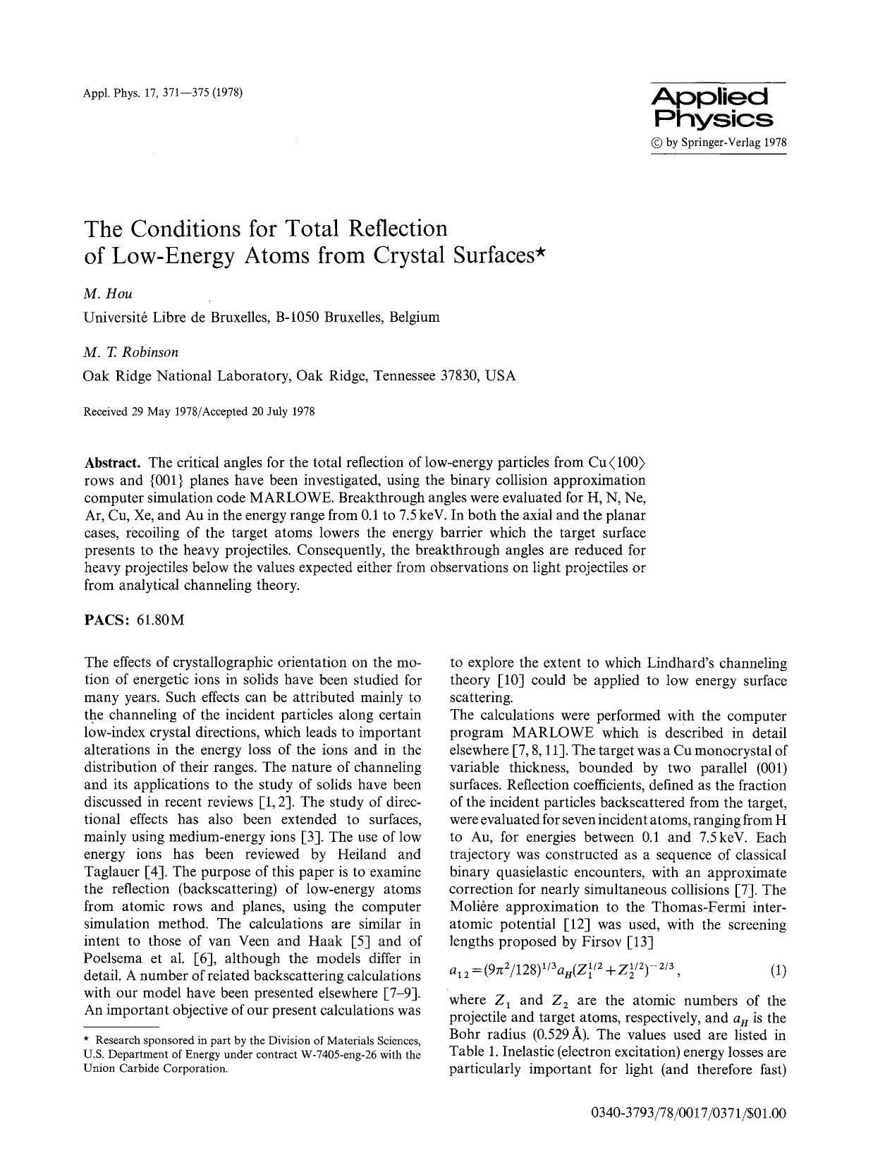 The conditions for total reflection of low-energy atoms from crystal surfaces by Unknown