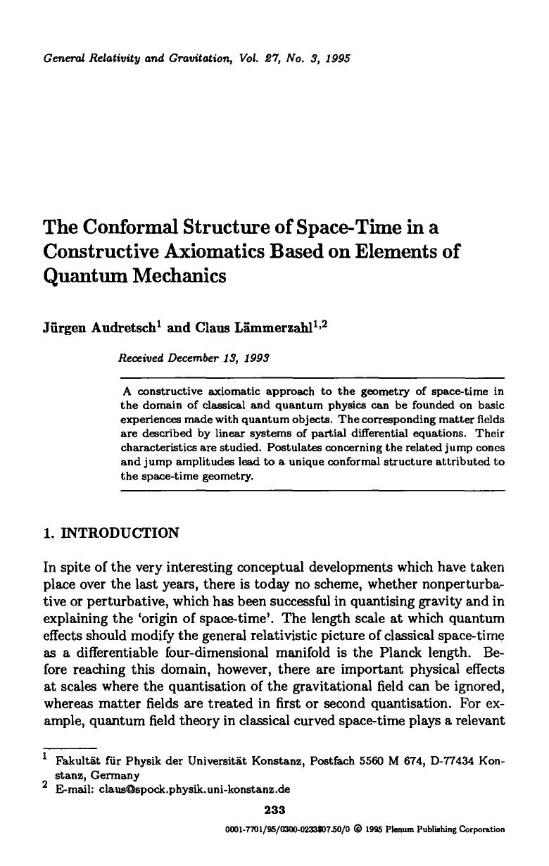 The conformal structure of space-time in a constructive axiomatics based on elements of quantum mechanics by Unknown