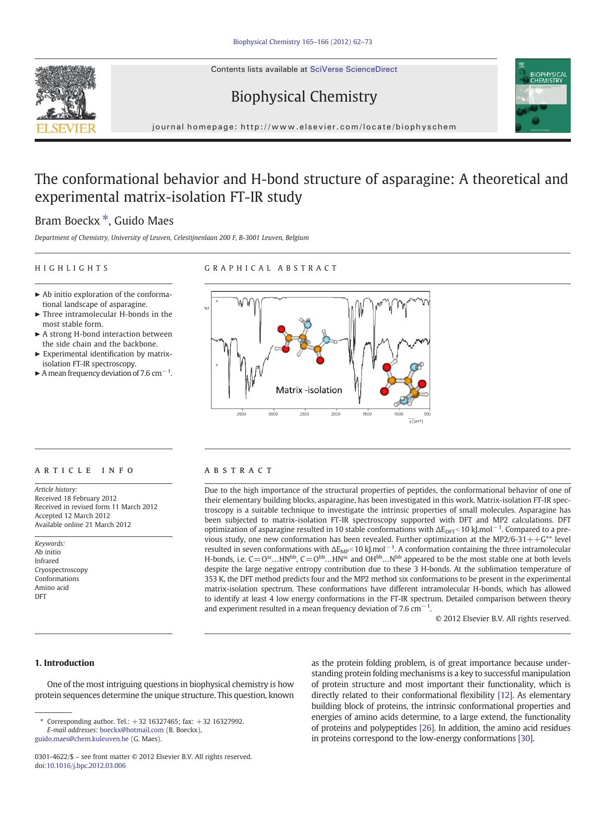 The conformational behavior and H-bond structure of asparagine: A theoretical and experimental matrix-isolation FT-IR study by Bram Boeckx & Guido Maes