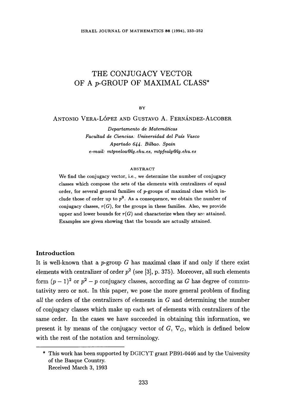 The conjugacy vector of a <Emphasis Type="Italic">p <Emphasis>-group of maximal class by Unknown