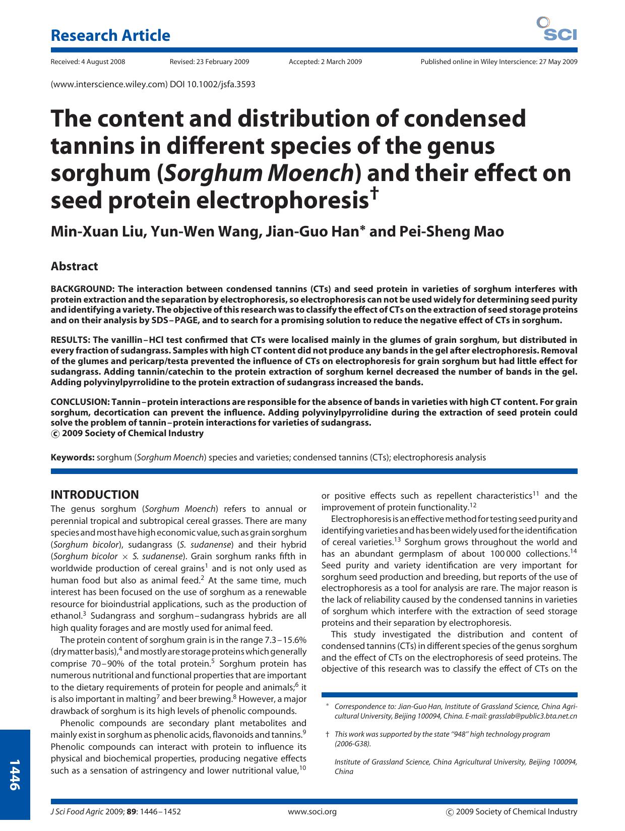 The content and distribution of condensed tannins in different species of the genus sorghum (Sorghum Moench) and their effect on seed protein electrophoresis by Unknown