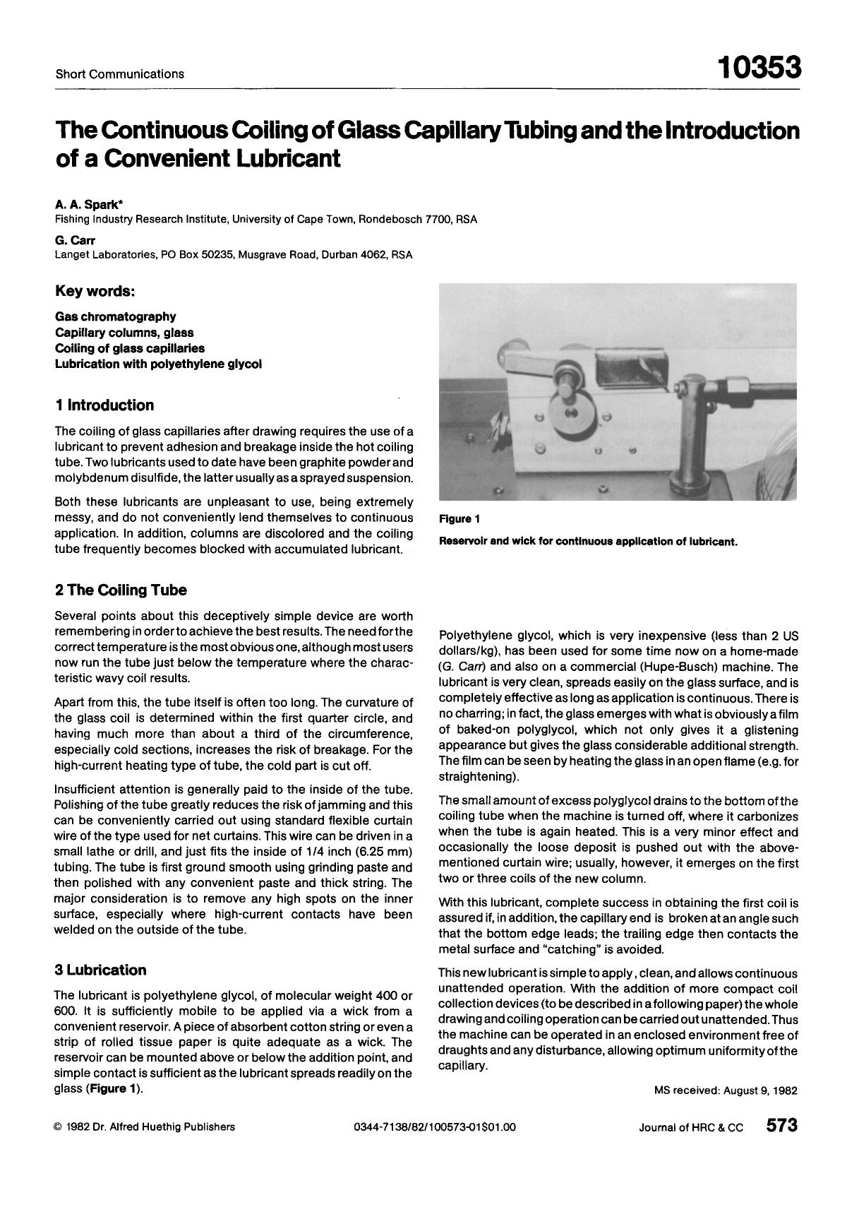 The continuous coiling of glass capillary tubing and the introduction of a convenient lubricant by Unknown