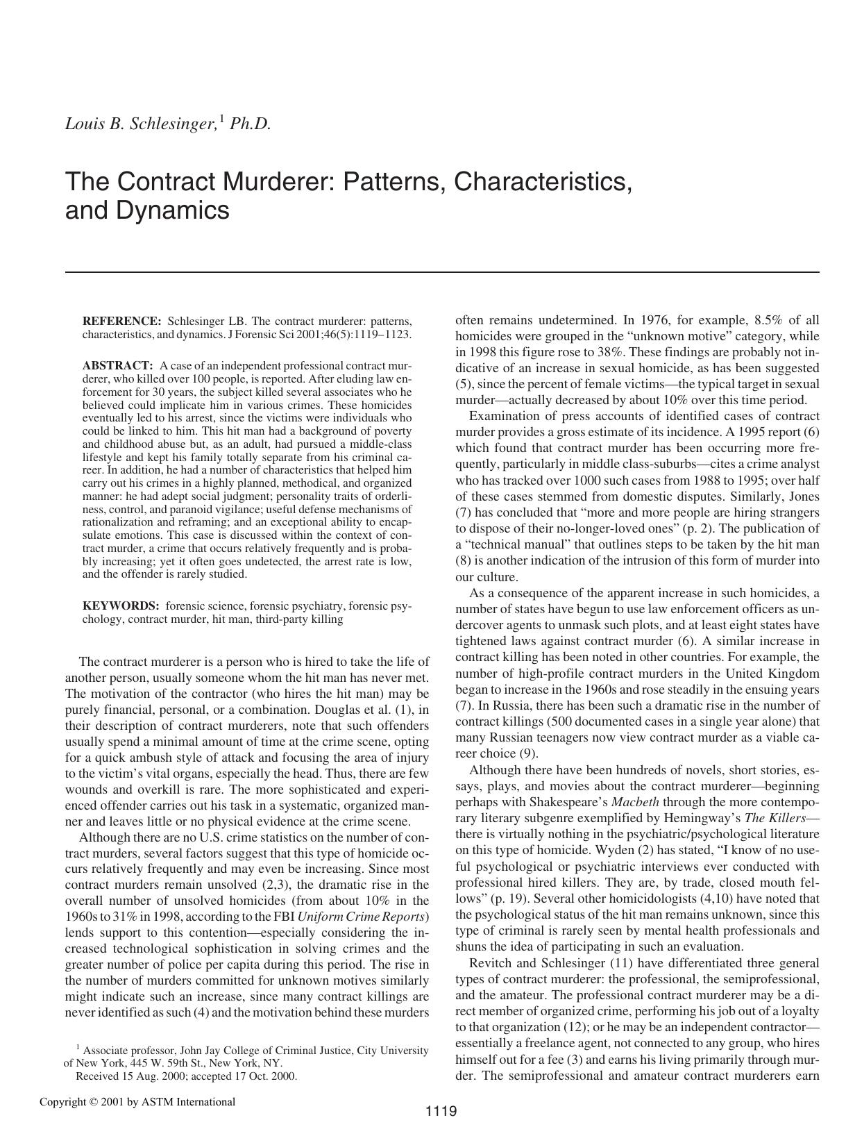 The contract murderer: patterns, characteristics, and dynamics by Schlesinger LB