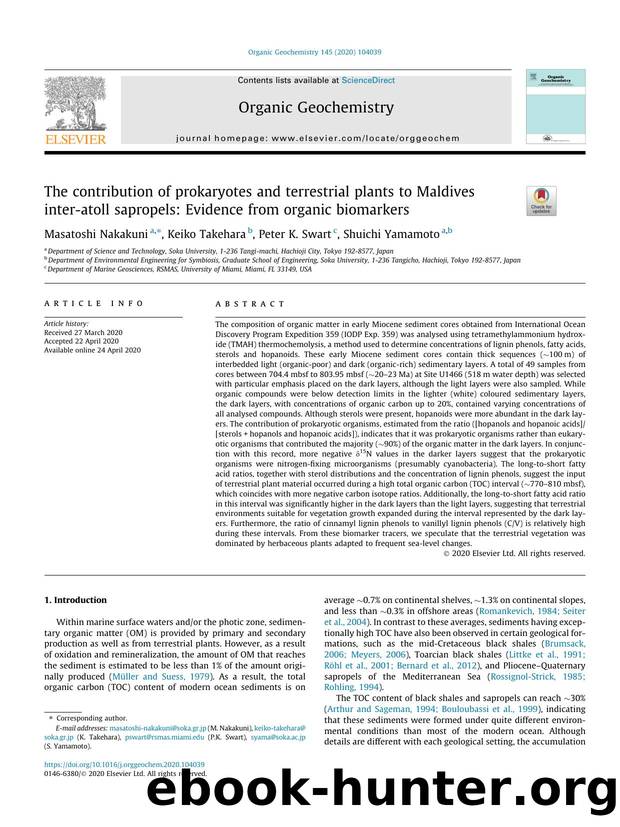 The contribution of prokaryotes and terrestrial plants to Maldives inter-atoll sapropels: Evidence from organic biomarkers by Masatoshi Nakakuni & Keiko Takehara & Peter K. Swart & Shuichi Yamamoto