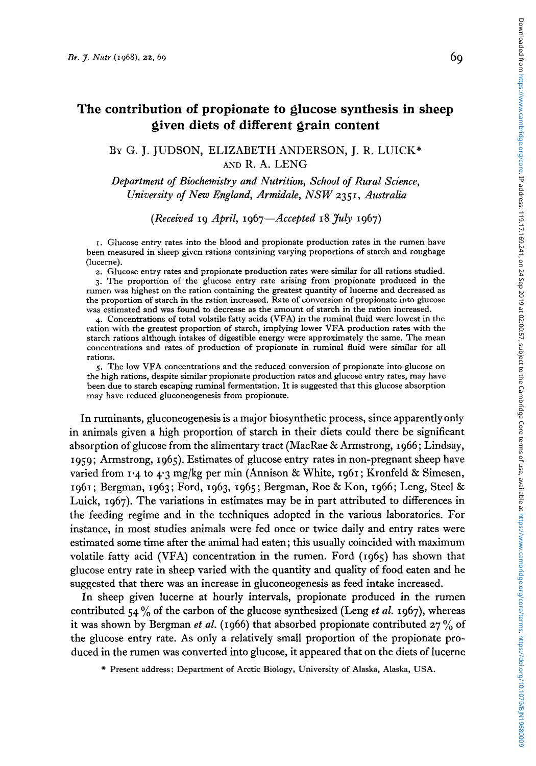 The contribution of propionate to glucose synthesis in sheep given diets of different grain content by G. J. Judson Elizabeth Anderson J. R. Luick R. A. Leng