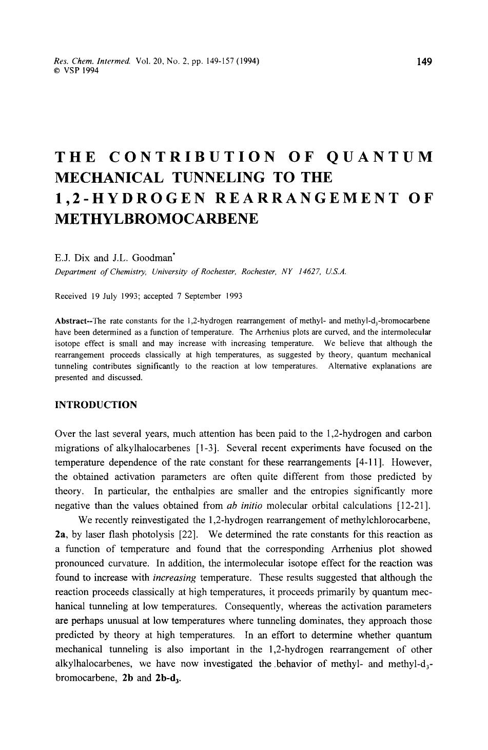 The contribution of quantum mechanical tunneling to the 1,2-hydrogen rearrangement of methylbromocarbene by Unknown