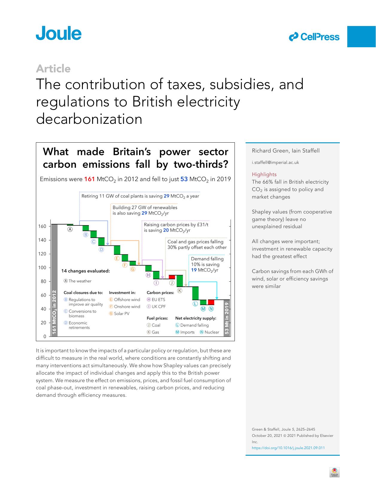 The contribution of taxes, subsidies, and regulations to British electricity decarbonization by Richard Green & Iain Staffell