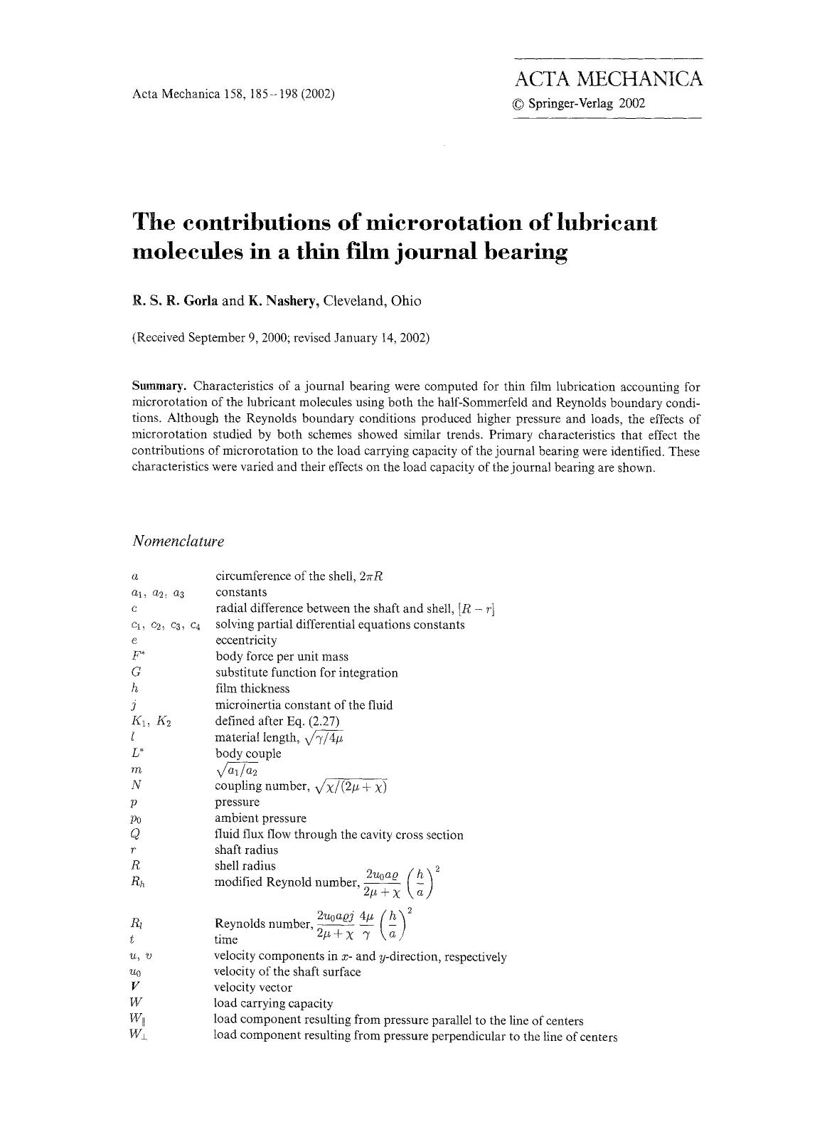 The contributions of microrotation of lubricant molecules in a thin film journal bearing by Unknown