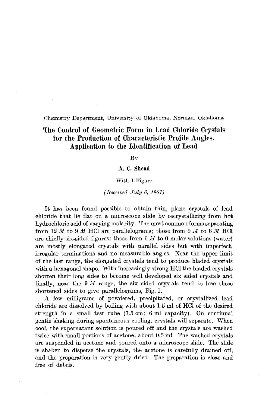 The control of geometric form in lead chloride crystals for the production of characteristic profile angles. Application to the identification of lead by Unknown