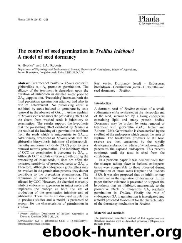 The control of seed germination in <Emphasis Type="Italic">Trollius ledebouri<Emphasis> A model of seed dormancy by Unknown