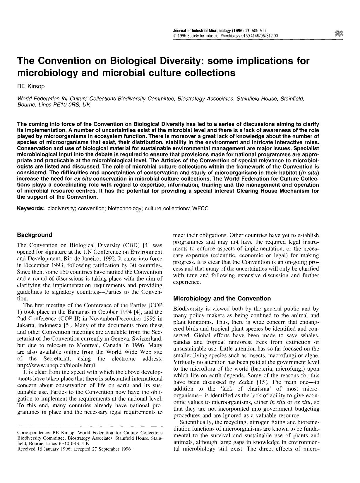 The convention on Biological Diversity: Some implications for microbiology and microbial culture collections by Unknown