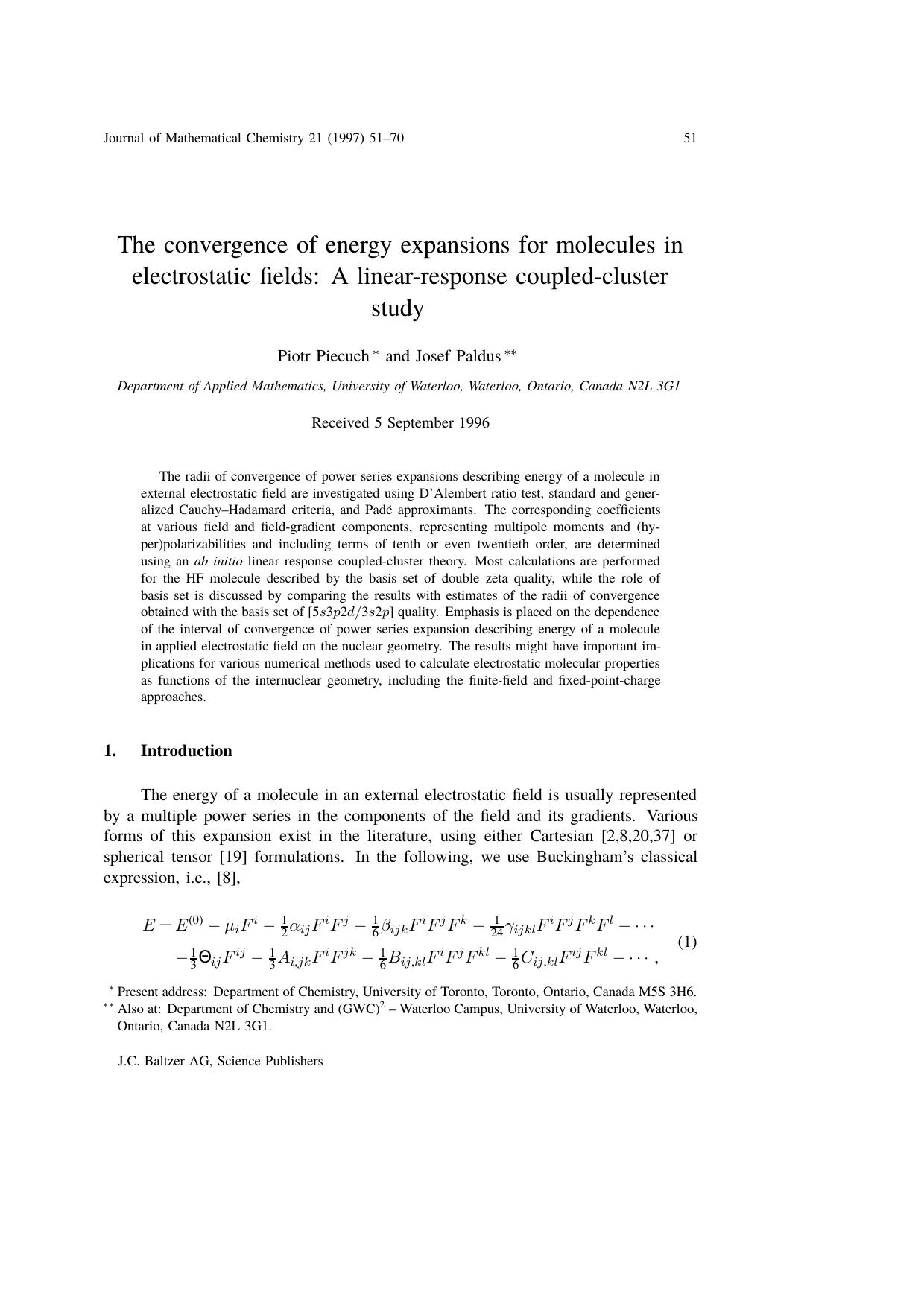 The convergence of energy expansions for molecules in electrostatic fields: A linear&#x2010;response coupled&#x2010;cluster study by Unknown