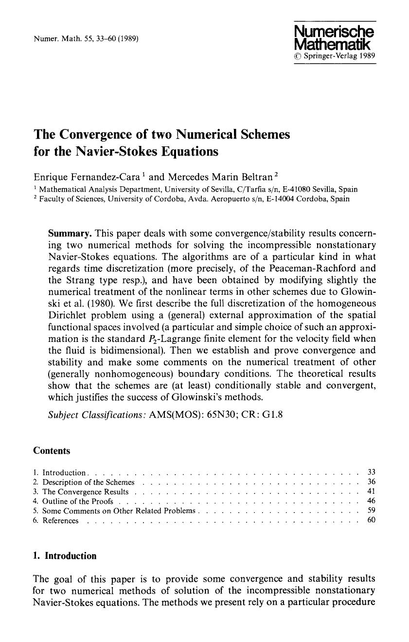 The convergence of two numerical schemes for the Navier-Stokes equations by Unknown