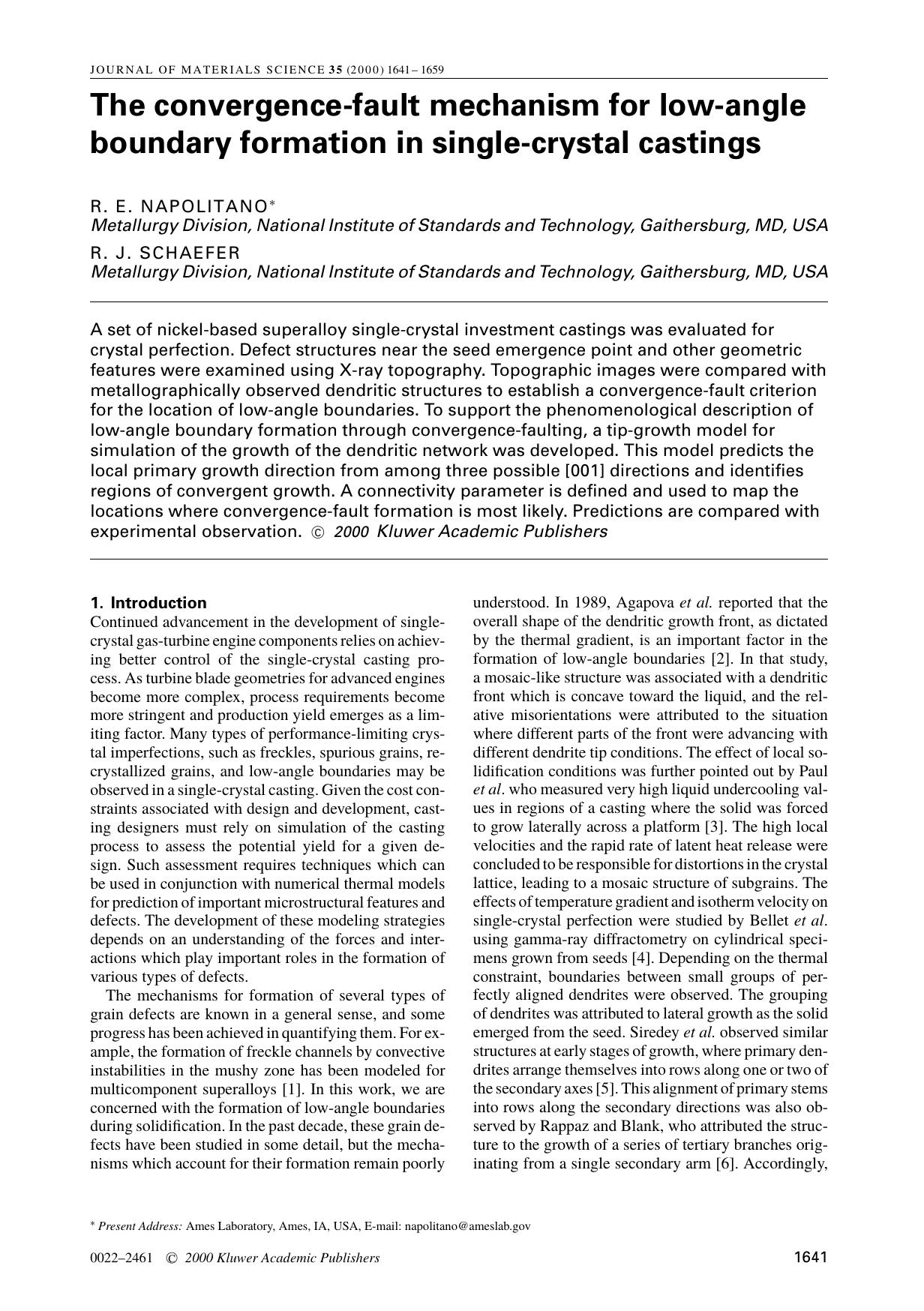 The convergence-fault mechanism for low-angle boundary formation in single-crystal castings by Unknown