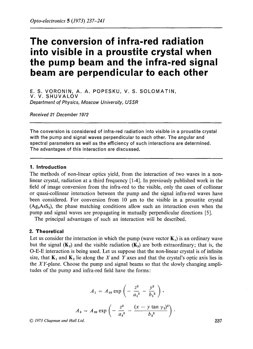 The conversion of infra-red radiation into visible in a proustite crystal when the pump beam and the infra-red signal beam are perpendicular to each other by Unknown