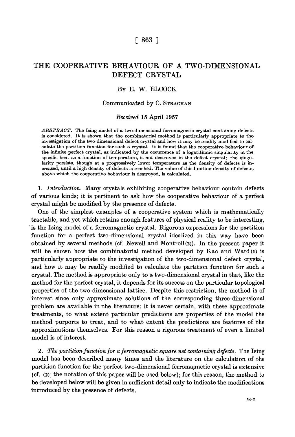 The cooperative behaviour of a two-dimensional defect crystal by E. W. Elcock