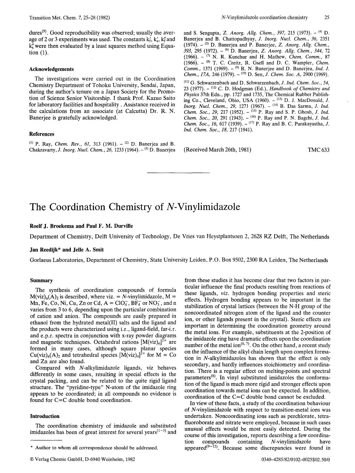 The coordination chemistry of <Emphasis Type="Italic">N <Emphasis>-vinylimidazole by Unknown