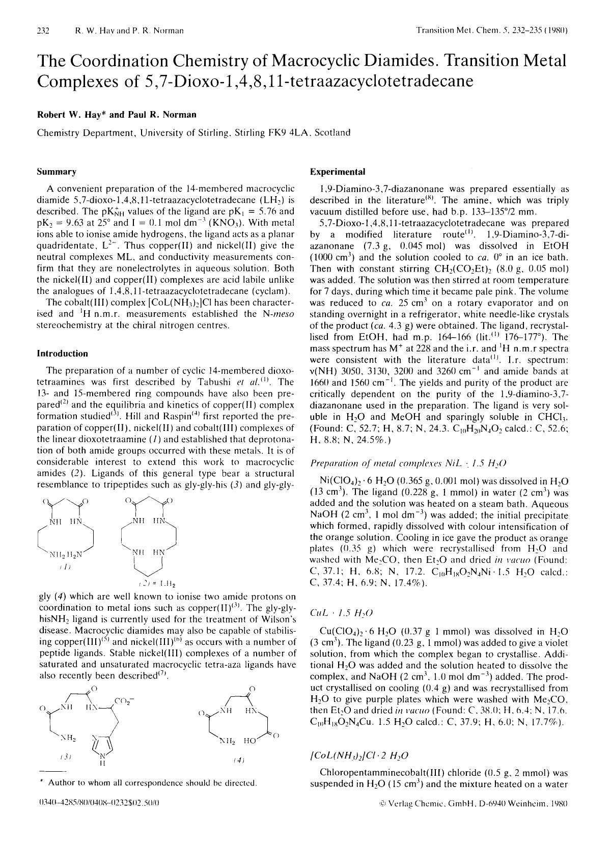 The coordination chemistry of macrocyclic diamides. Transition metal complexes of 5,7-dioxo-1,4,8,11-tetraazacyclotetradecane by Unknown