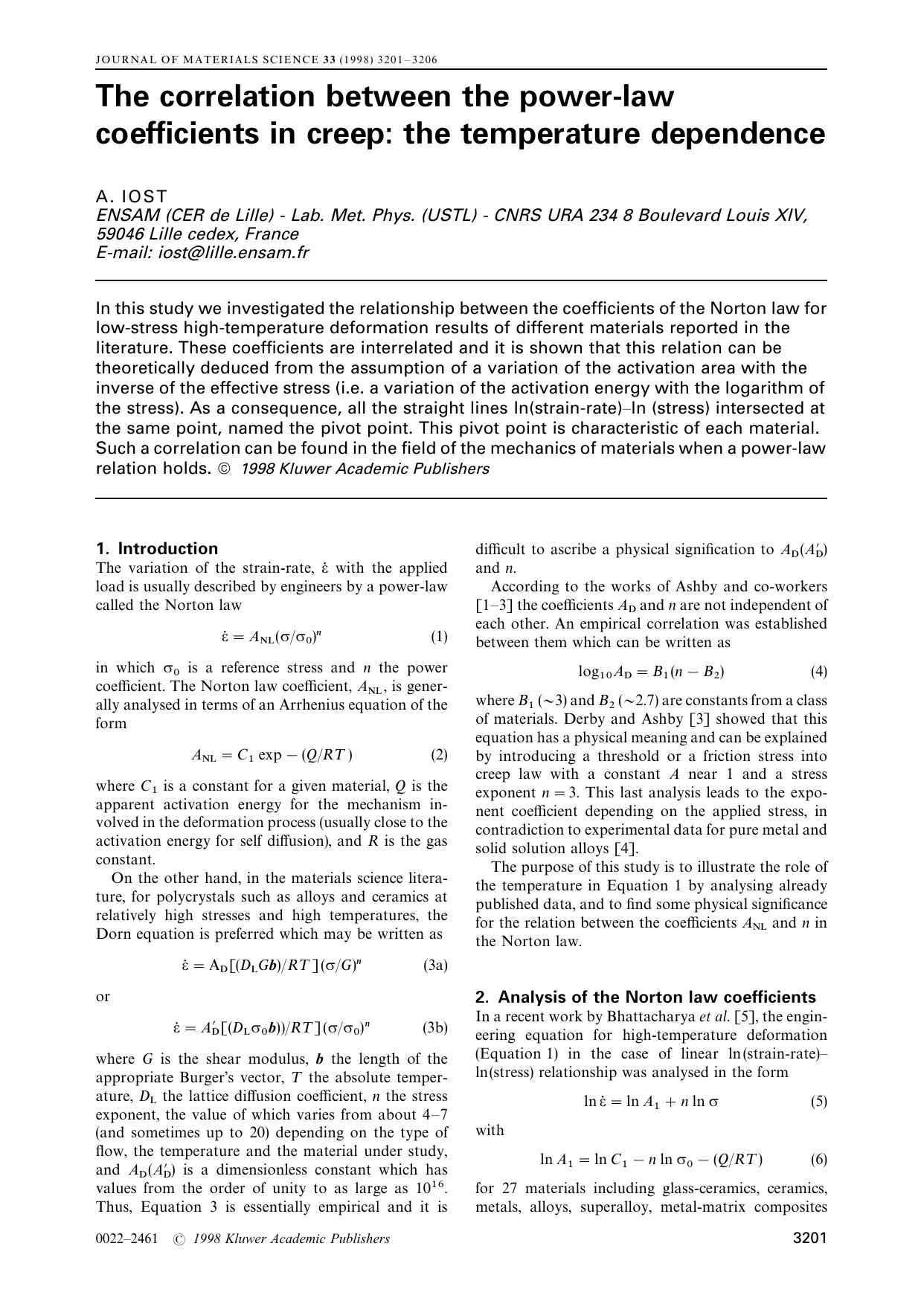 The correlation between the power-law coefficients in creep: the temperature dependence by Unknown