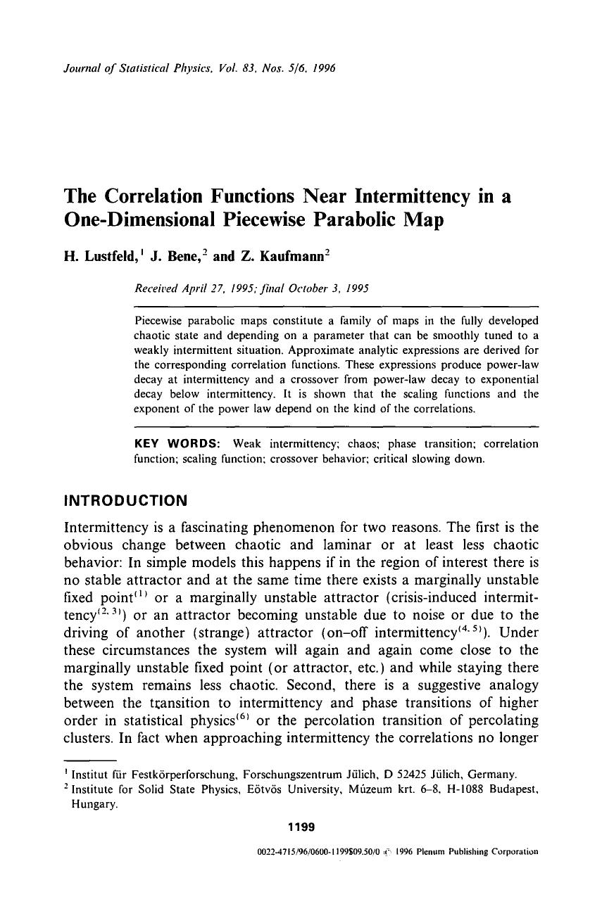 The correlation functions near intermittency in a one-dimensional Piecewise parabolic map by Unknown