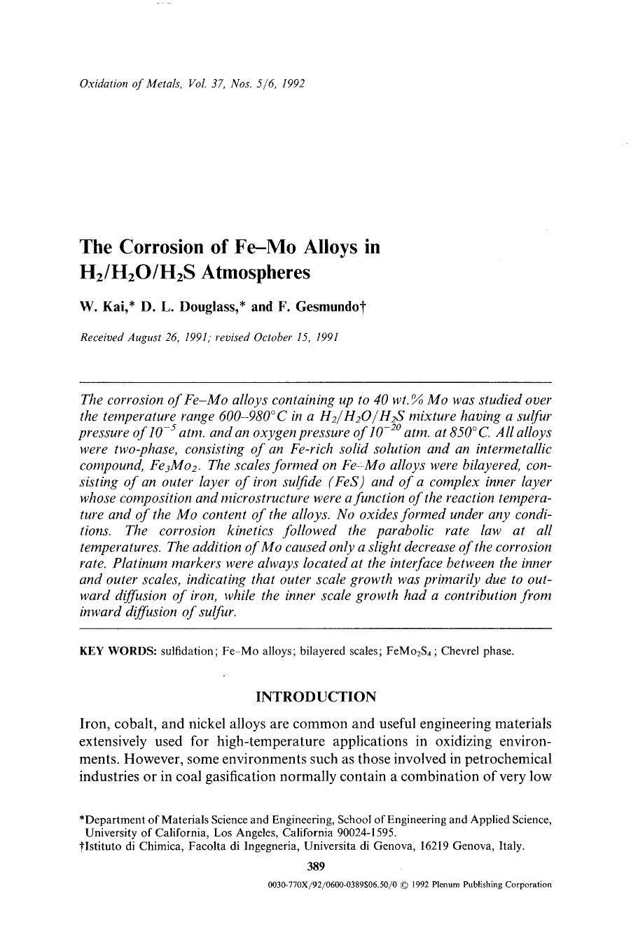 The corrosion of Fe-Mo alloys in H <Subscript>2 <Subscript>H <Subscript>2 <Subscript>OH <Subscript>2 <Subscript>S atmospheres by Unknown