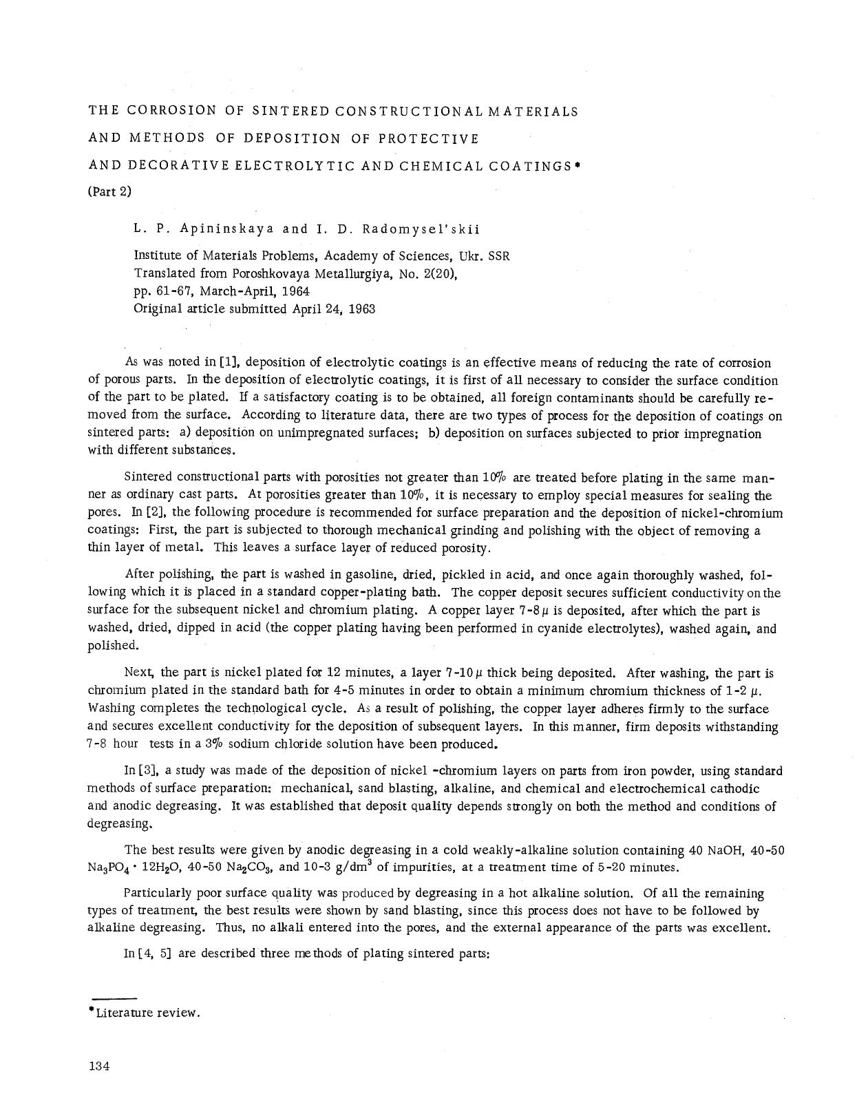The corrosion of sintered constructional materials and methods of deposition of protective and decorative electrolytic and chemical coatings (part 2) by Unknown
