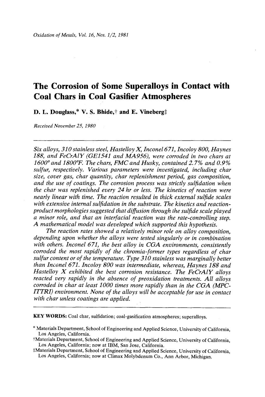 The corrosion of some superalloys in contact with coal chars in coal gasifier atmospheres by Unknown