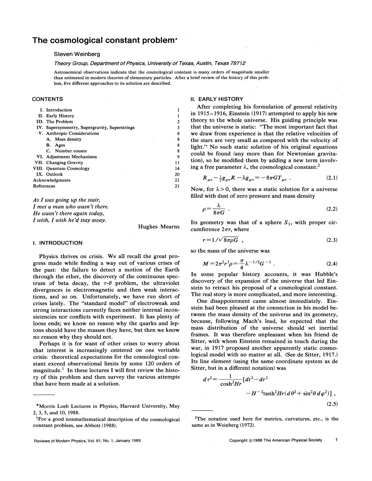 The cosmological constant problem by Steven Weinberg