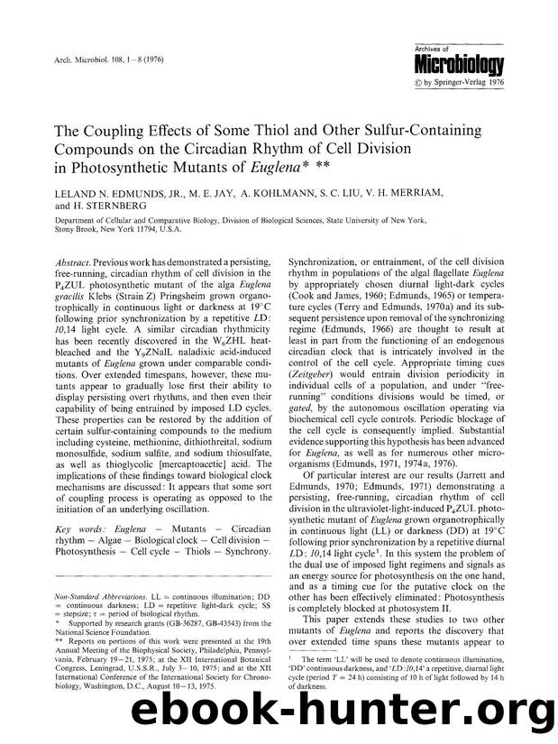 The coupling effects of some thiol and other sulfur-containing compounds on the circadian rhythm of cell division in photosynthetic mutants of <Emphasis Type="Italic">Euglena<Emphasis> by Unknown