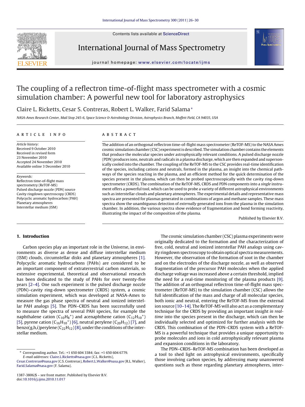 The coupling of a reflectron time-of-flight mass spectrometer with a cosmic simulation chamber: A powerful new tool for laboratory astrophysics by Claire L. Ricketts & Cesar S. Contreras & Robert L. Walker & Farid Salama
