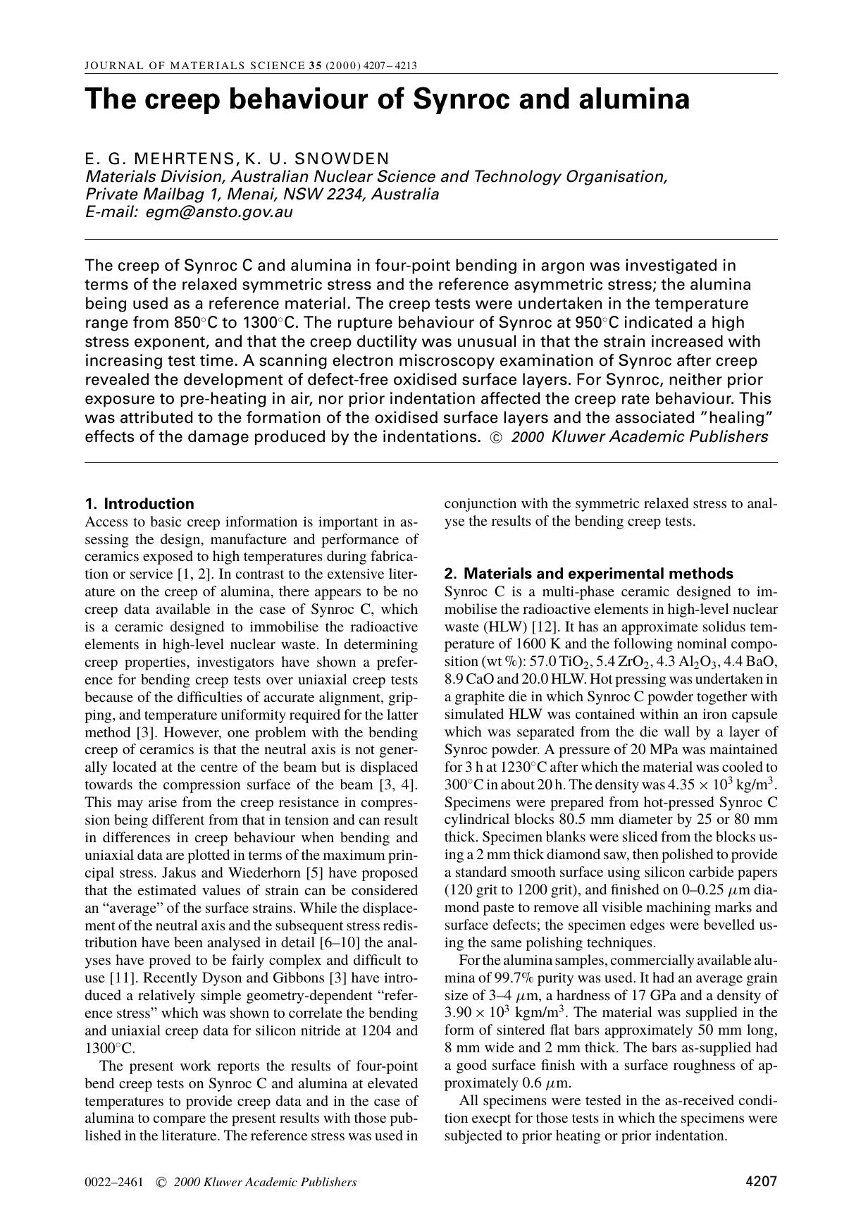 The creep behaviour of Synroc and alumina by Unknown