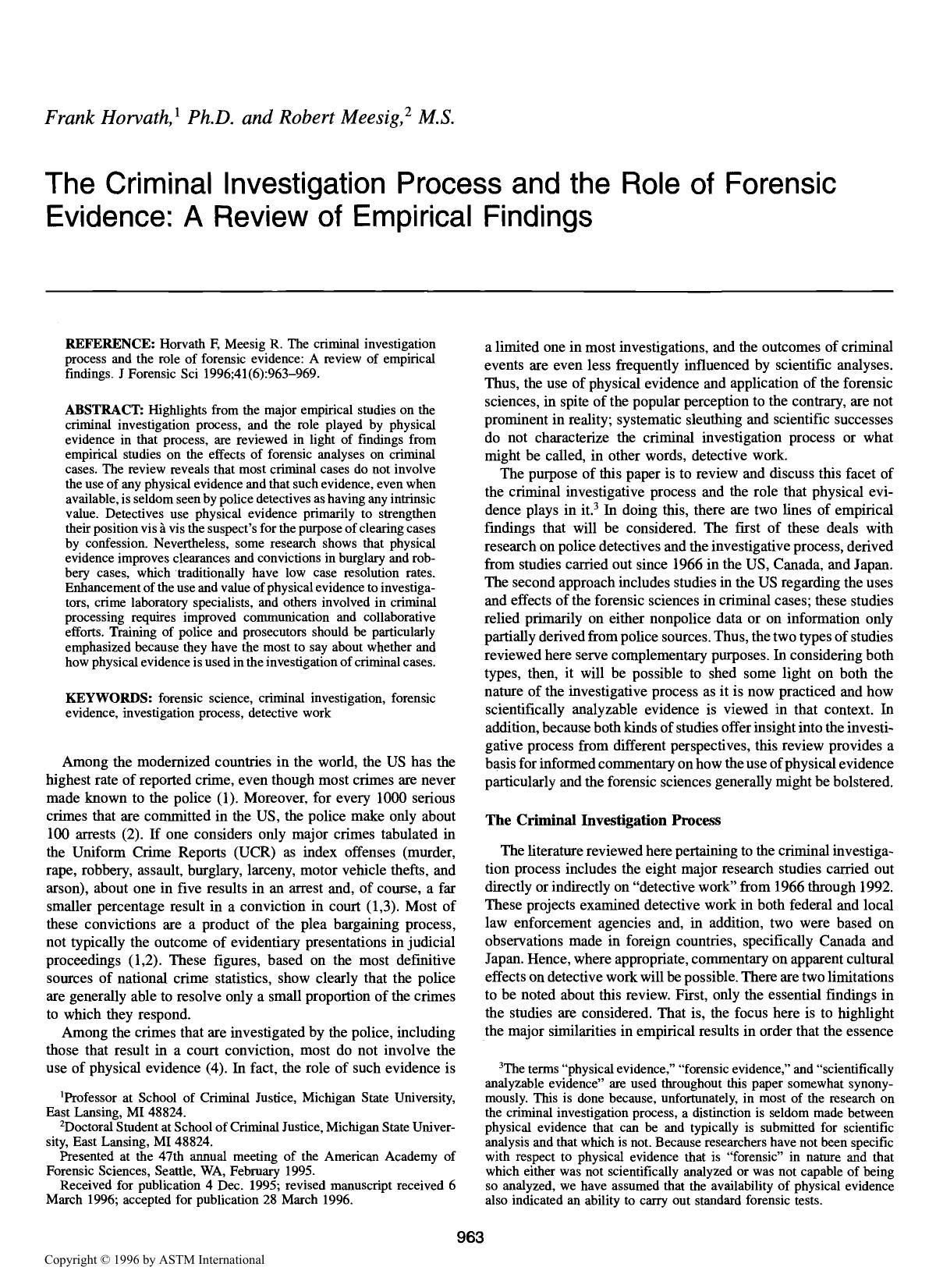 The criminal investigation process and the role of forensic evidence: A review of empirical findings by Horvath F Meesig R
