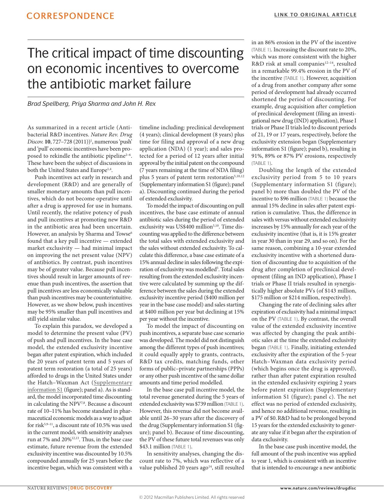 The critical impact of time discounting on economic incentives to overcome the antibiotic market failure by Brad Spellberg & Priya Sharma & John H. Rex