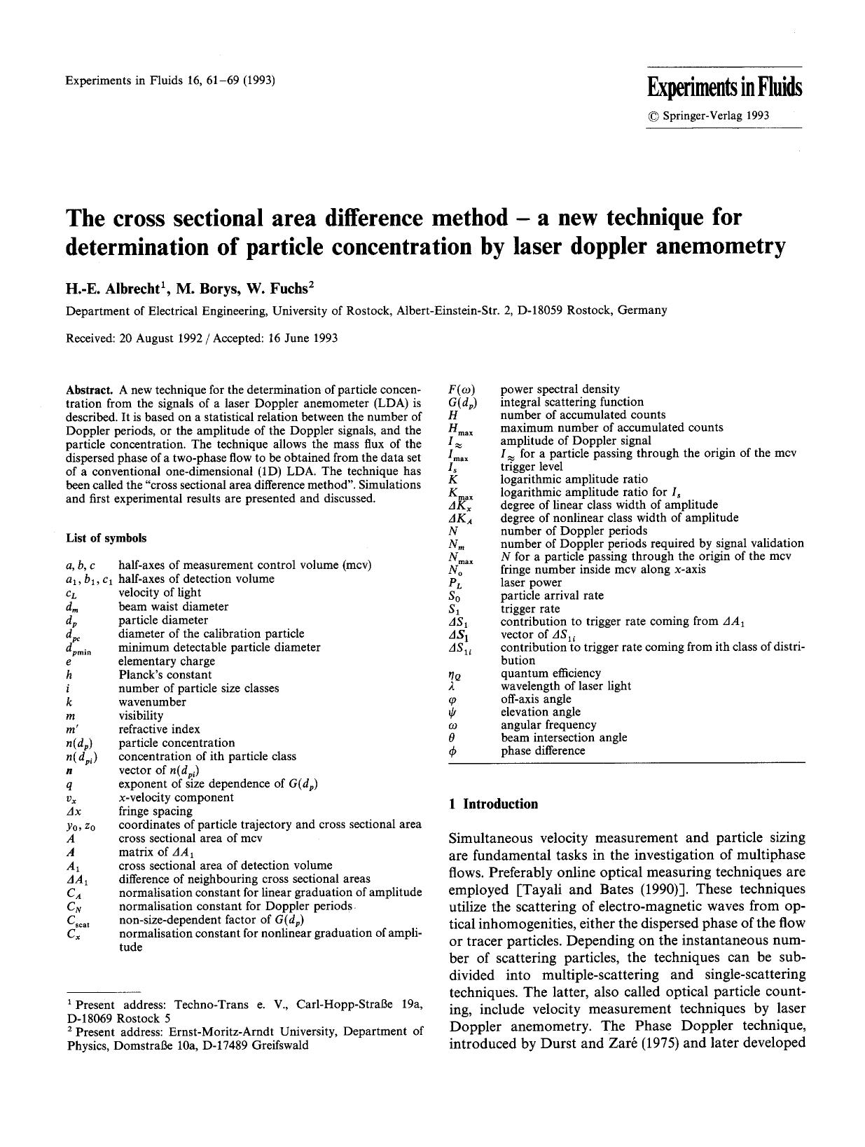 The cross sectional area difference method &#x2014; a new technique for determination of particle concentration by laser doppler anemometry by Unknown
