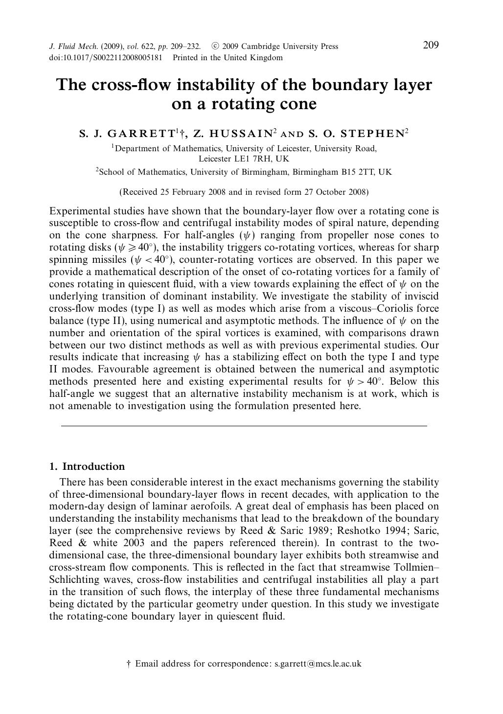 The cross-flow instability of the boundary layer on a rotating cone by S. J. GARRETT Z. HUSSAIN S. O. STEPHEN